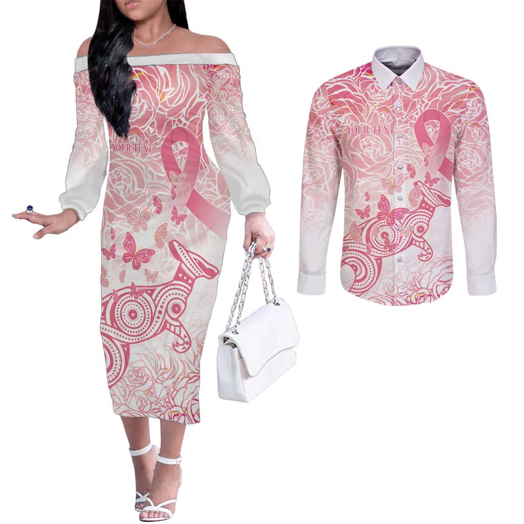 Australia Personalized Couples Matching Off The Shoulder Long Sleeve Dress and Long Sleeve Button Shirt Breast Cancer Pink Ribbon - Marble Roses