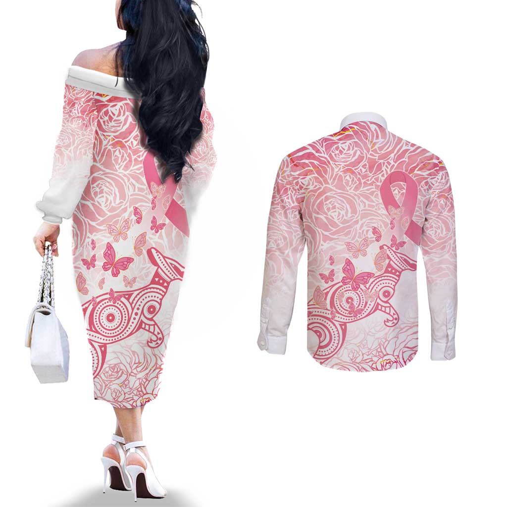 Australia Personalized Couples Matching Off The Shoulder Long Sleeve Dress and Long Sleeve Button Shirt Breast Cancer Pink Ribbon - Marble Roses