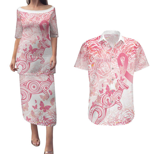 Australia Personalized Couples Matching Puletasi and Hawaiian Shirt Breast Cancer Pink Ribbon - Marble Roses