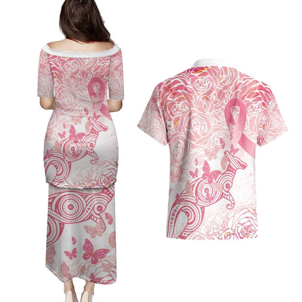 Australia Personalized Couples Matching Puletasi and Hawaiian Shirt Breast Cancer Pink Ribbon - Marble Roses