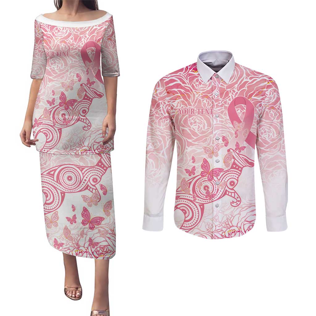 Australia Personalized Couples Matching Puletasi and Long Sleeve Button Shirt Breast Cancer Pink Ribbon - Marble Roses