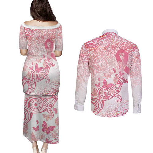 Australia Personalized Couples Matching Puletasi and Long Sleeve Button Shirt Breast Cancer Pink Ribbon - Marble Roses