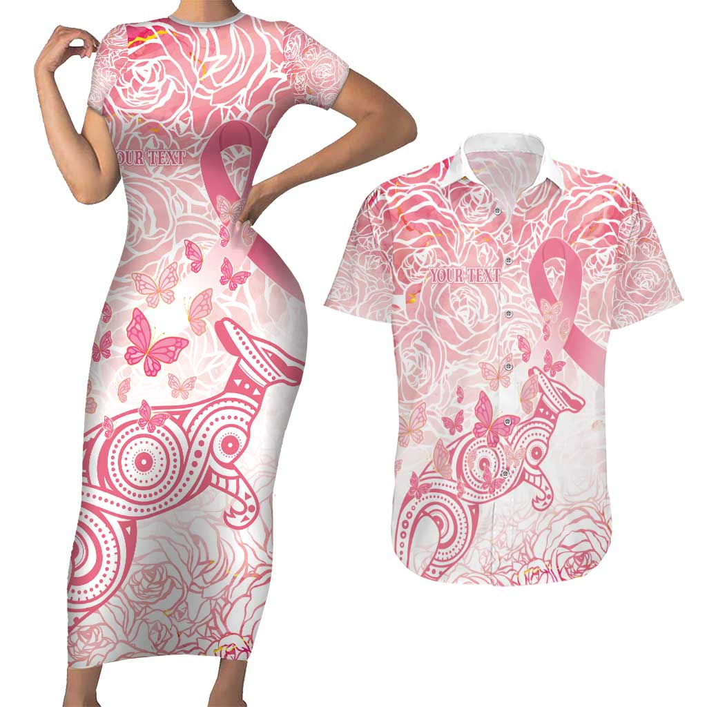 Australia Personalized Couples Matching Short Sleeve Bodycon Dress and Hawaiian Shirt Breast Cancer Pink Ribbon - Marble Roses