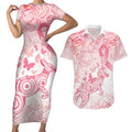 Australia Personalized Couples Matching Short Sleeve Bodycon Dress and Hawaiian Shirt Breast Cancer Pink Ribbon - Marble Roses