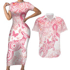 Australia Personalized Couples Matching Short Sleeve Bodycon Dress and Hawaiian Shirt Breast Cancer Pink Ribbon - Marble Roses