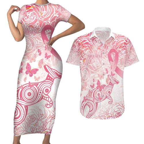 Australia Personalized Couples Matching Short Sleeve Bodycon Dress and Hawaiian Shirt Breast Cancer Pink Ribbon - Marble Roses