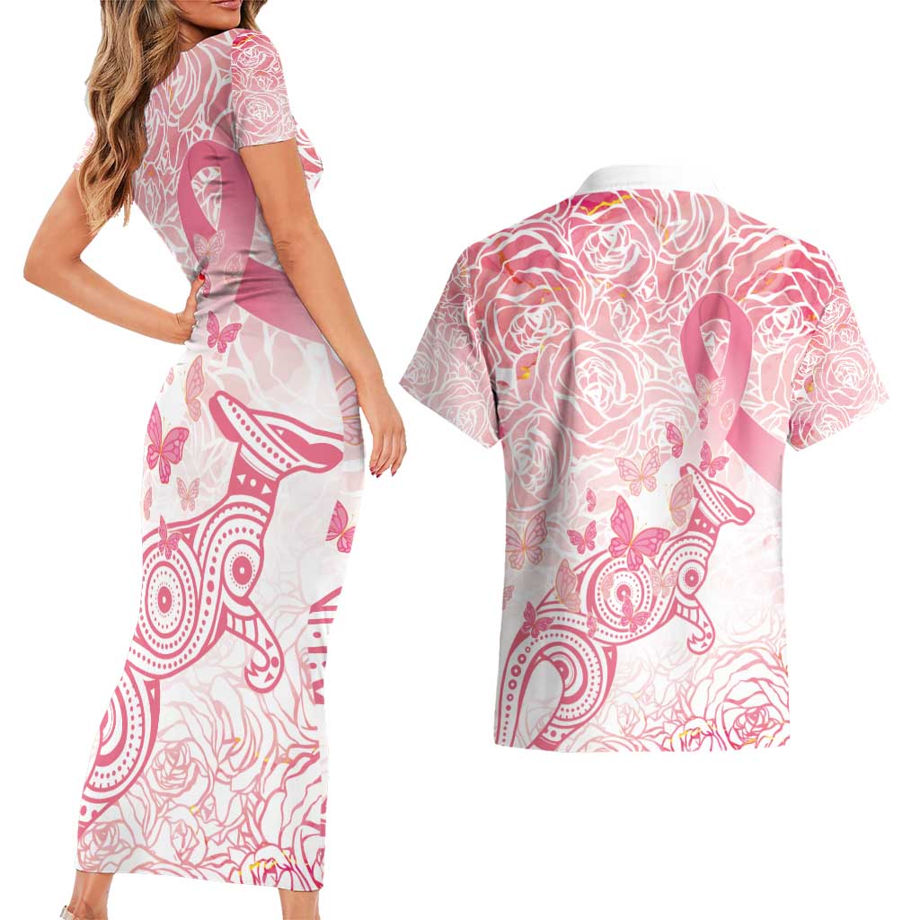 Australia Personalized Couples Matching Short Sleeve Bodycon Dress and Hawaiian Shirt Breast Cancer Pink Ribbon - Marble Roses