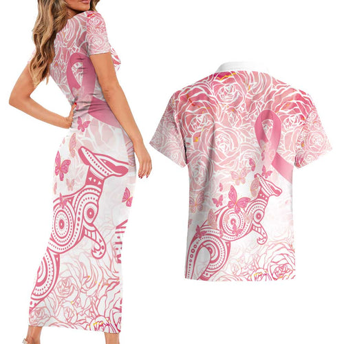 Australia Personalized Couples Matching Short Sleeve Bodycon Dress and Hawaiian Shirt Breast Cancer Pink Ribbon - Marble Roses