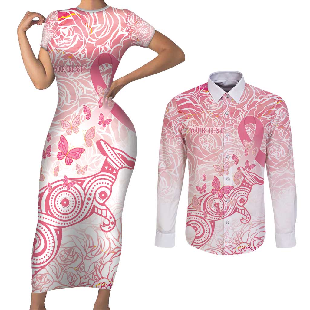 Australia Personalized Couples Matching Short Sleeve Bodycon Dress and Long Sleeve Button Shirt Breast Cancer Pink Ribbon - Marble Roses