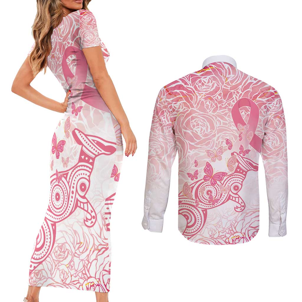 Australia Personalized Couples Matching Short Sleeve Bodycon Dress and Long Sleeve Button Shirt Breast Cancer Pink Ribbon - Marble Roses