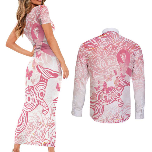 Australia Personalized Couples Matching Short Sleeve Bodycon Dress and Long Sleeve Button Shirt Breast Cancer Pink Ribbon - Marble Roses