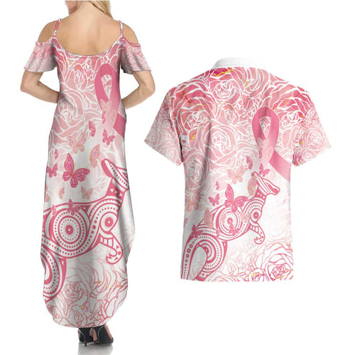 Australia Personalized Couples Matching Summer Maxi Dress and Hawaiian Shirt Breast Cancer Pink Ribbon - Marble Roses