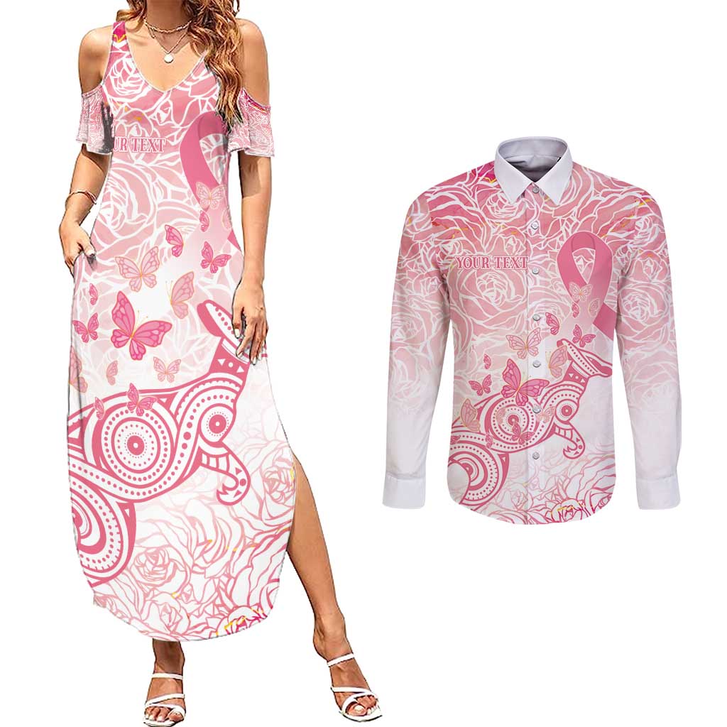 Australia Personalized Couples Matching Summer Maxi Dress and Long Sleeve Button Shirt Breast Cancer Pink Ribbon - Marble Roses