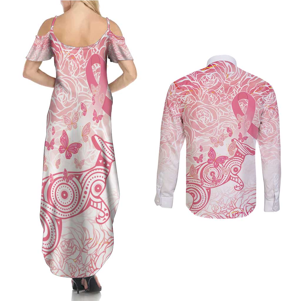 Australia Personalized Couples Matching Summer Maxi Dress and Long Sleeve Button Shirt Breast Cancer Pink Ribbon - Marble Roses
