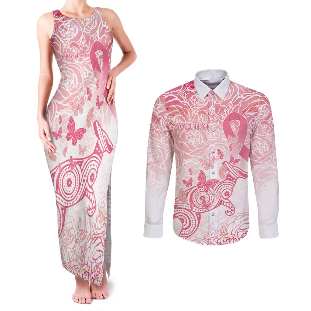 Australia Personalized Couples Matching Tank Maxi Dress and Long Sleeve Button Shirt Breast Cancer Pink Ribbon - Marble Roses