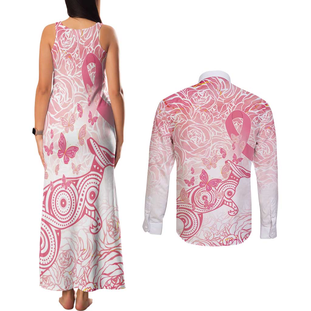 Australia Personalized Couples Matching Tank Maxi Dress and Long Sleeve Button Shirt Breast Cancer Pink Ribbon - Marble Roses