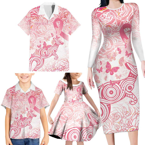 Australia Personalized Family Matching Long Sleeve Bodycon Dress and Hawaiian Shirt Breast Cancer Pink Ribbon - Marble Roses