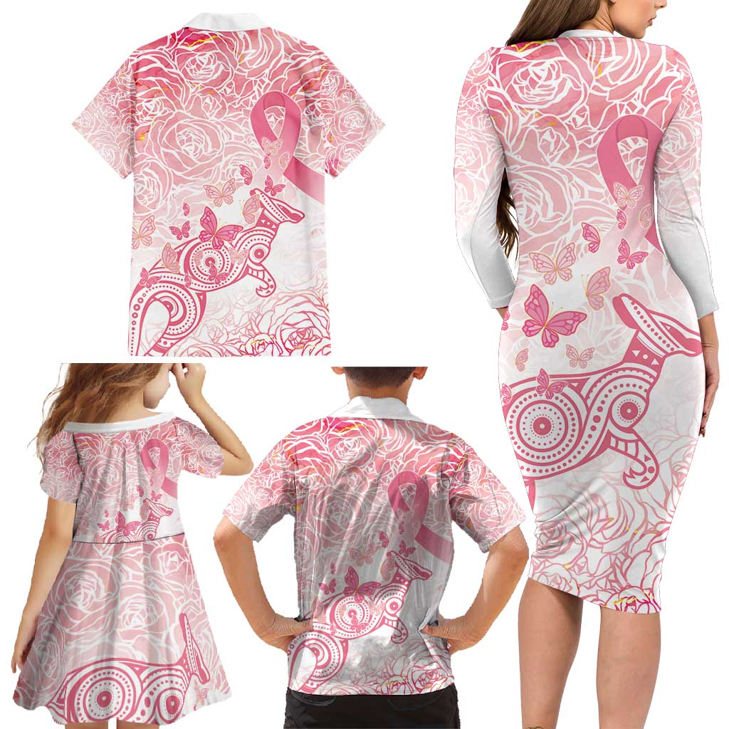 Australia Personalized Family Matching Long Sleeve Bodycon Dress and Hawaiian Shirt Breast Cancer Pink Ribbon - Marble Roses