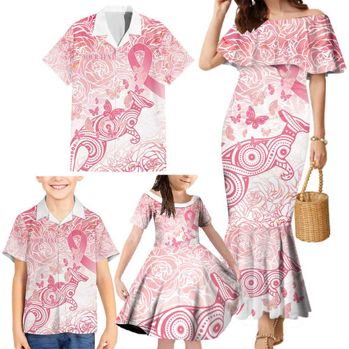 Australia Personalized Family Matching Mermaid Dress and Hawaiian Shirt Breast Cancer Pink Ribbon - Marble Roses