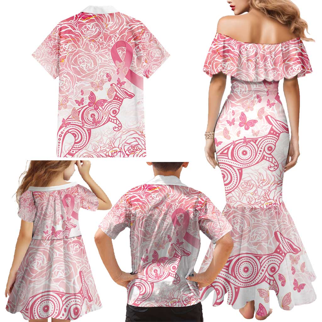 Australia Personalized Family Matching Mermaid Dress and Hawaiian Shirt Breast Cancer Pink Ribbon - Marble Roses