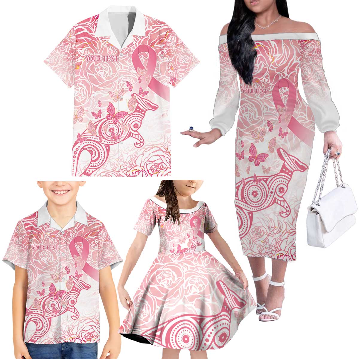 Australia Personalized Family Matching Off The Shoulder Long Sleeve Dress and Hawaiian Shirt Breast Cancer Pink Ribbon - Marble Roses