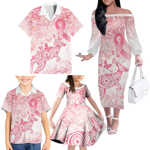 Australia Personalized Family Matching Off The Shoulder Long Sleeve Dress and Hawaiian Shirt Breast Cancer Pink Ribbon - Marble Roses