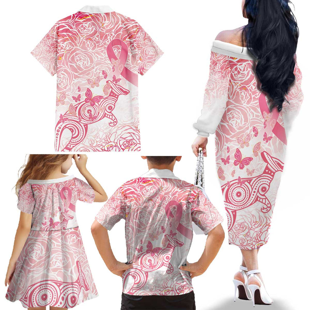Australia Personalized Family Matching Off The Shoulder Long Sleeve Dress and Hawaiian Shirt Breast Cancer Pink Ribbon - Marble Roses
