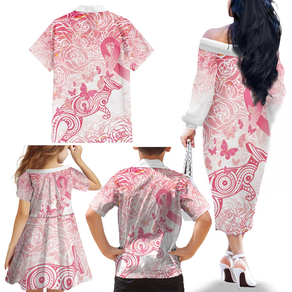 Australia Personalized Family Matching Off The Shoulder Long Sleeve Dress and Hawaiian Shirt Breast Cancer Pink Ribbon - Marble Roses