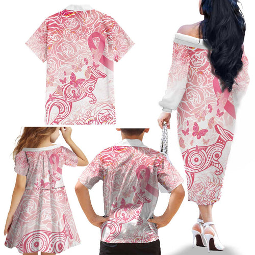 Australia Personalized Family Matching Off The Shoulder Long Sleeve Dress and Hawaiian Shirt Breast Cancer Pink Ribbon - Marble Roses