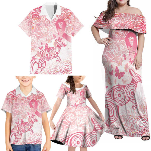 Australia Personalized Family Matching Off Shoulder Maxi Dress and Hawaiian Shirt Breast Cancer Pink Ribbon - Marble Roses