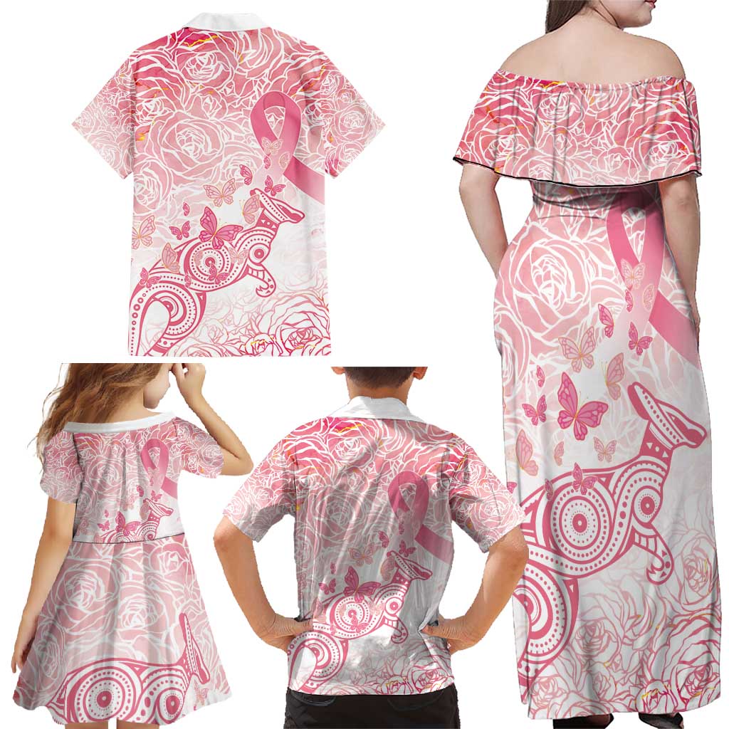 Australia Personalized Family Matching Off Shoulder Maxi Dress and Hawaiian Shirt Breast Cancer Pink Ribbon - Marble Roses