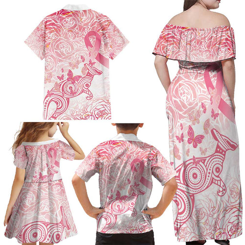 Australia Personalized Family Matching Off Shoulder Maxi Dress and Hawaiian Shirt Breast Cancer Pink Ribbon - Marble Roses