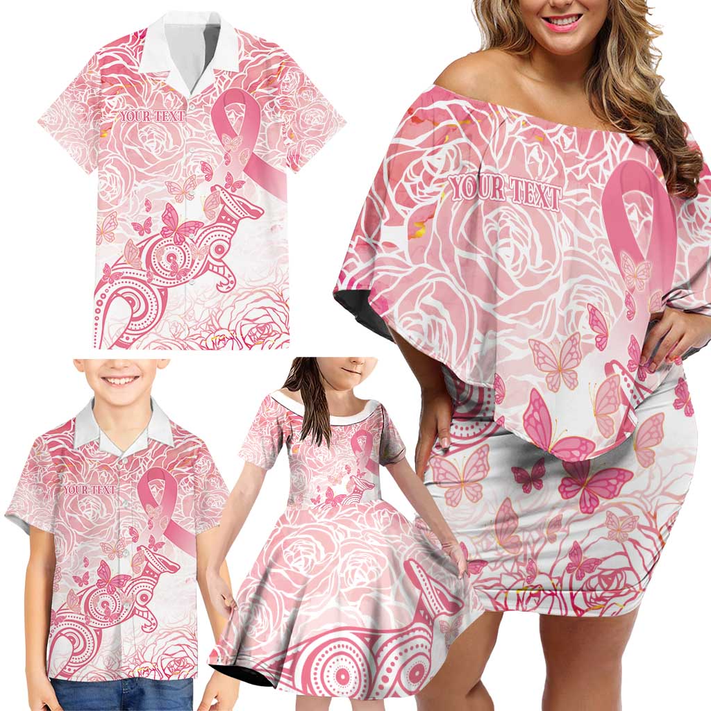 Australia Personalized Family Matching Off Shoulder Short Dress and Hawaiian Shirt Breast Cancer Pink Ribbon - Marble Roses