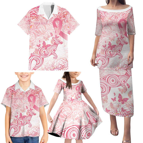 Australia Personalized Family Matching Puletasi and Hawaiian Shirt Breast Cancer Pink Ribbon - Marble Roses
