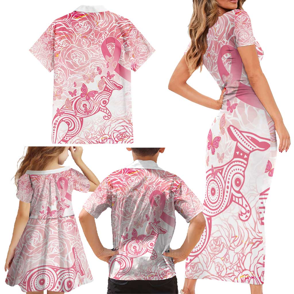 Australia Personalized Family Matching Short Sleeve Bodycon Dress and Hawaiian Shirt Breast Cancer Pink Ribbon - Marble Roses