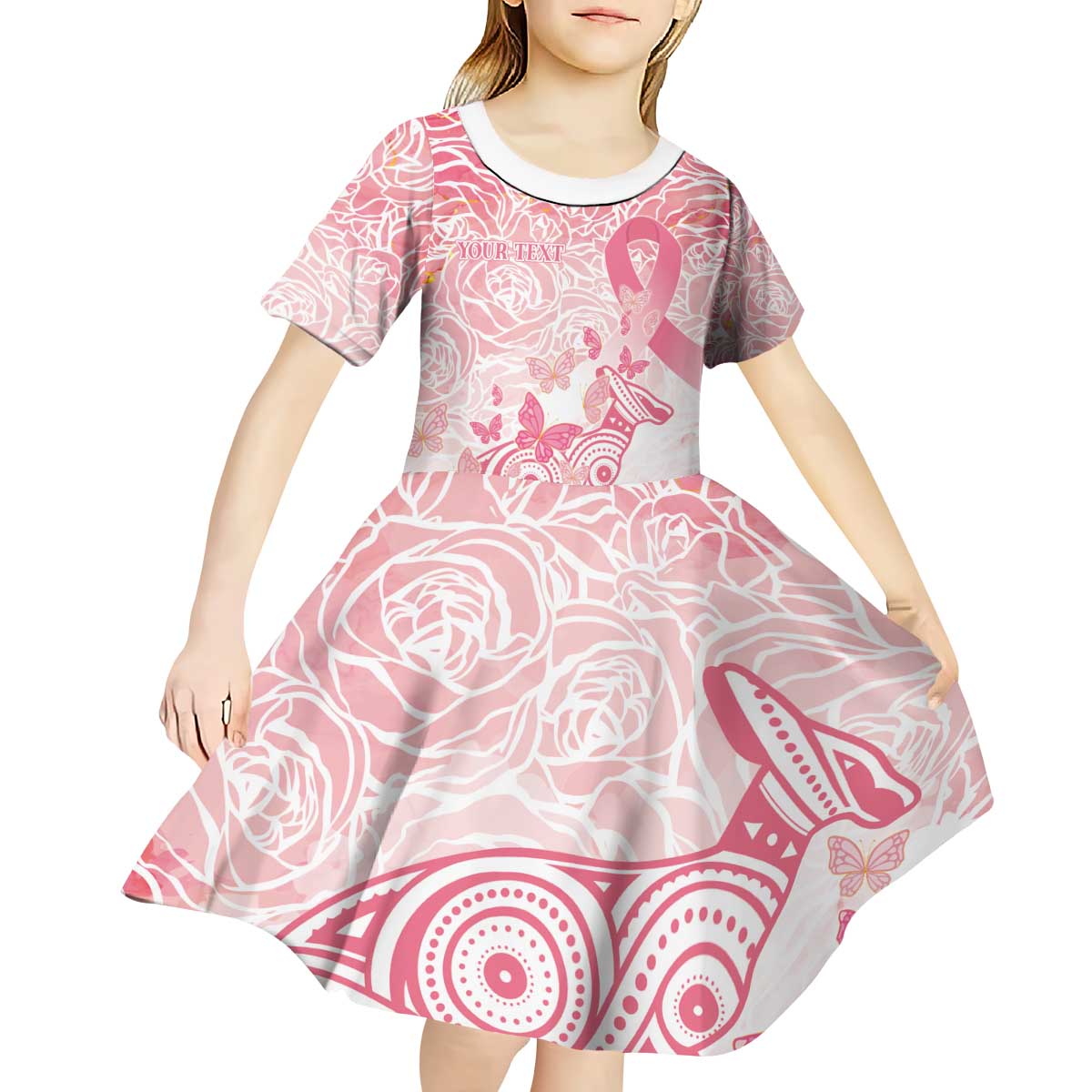 Australia Personalized Kid Short Sleeve Dress Breast Cancer Pink Ribbon - Marble Roses