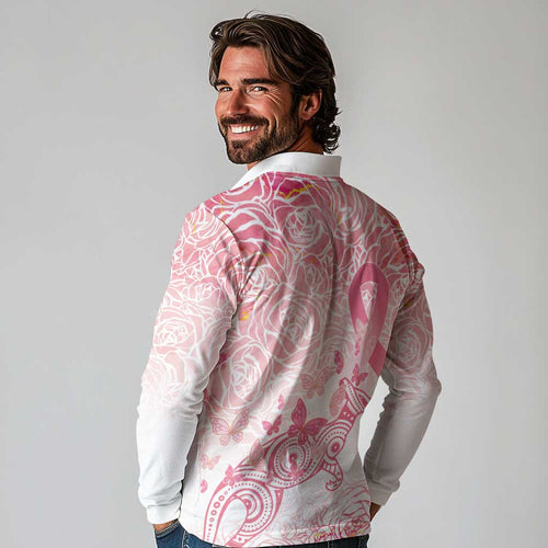 Australia Personalized Long Sleeve Polo Shirt Breast Cancer Pink Ribbon - Marble Roses