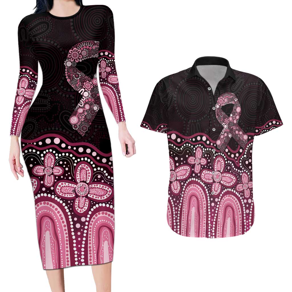 Australia Indigenous Personalized Couples Matching Long Sleeve Bodycon Dress and Hawaiian Shirt Aboriginal Pink Ribbon Art