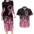 Australia Indigenous Personalized Couples Matching Long Sleeve Bodycon Dress and Hawaiian Shirt Aboriginal Pink Ribbon Art