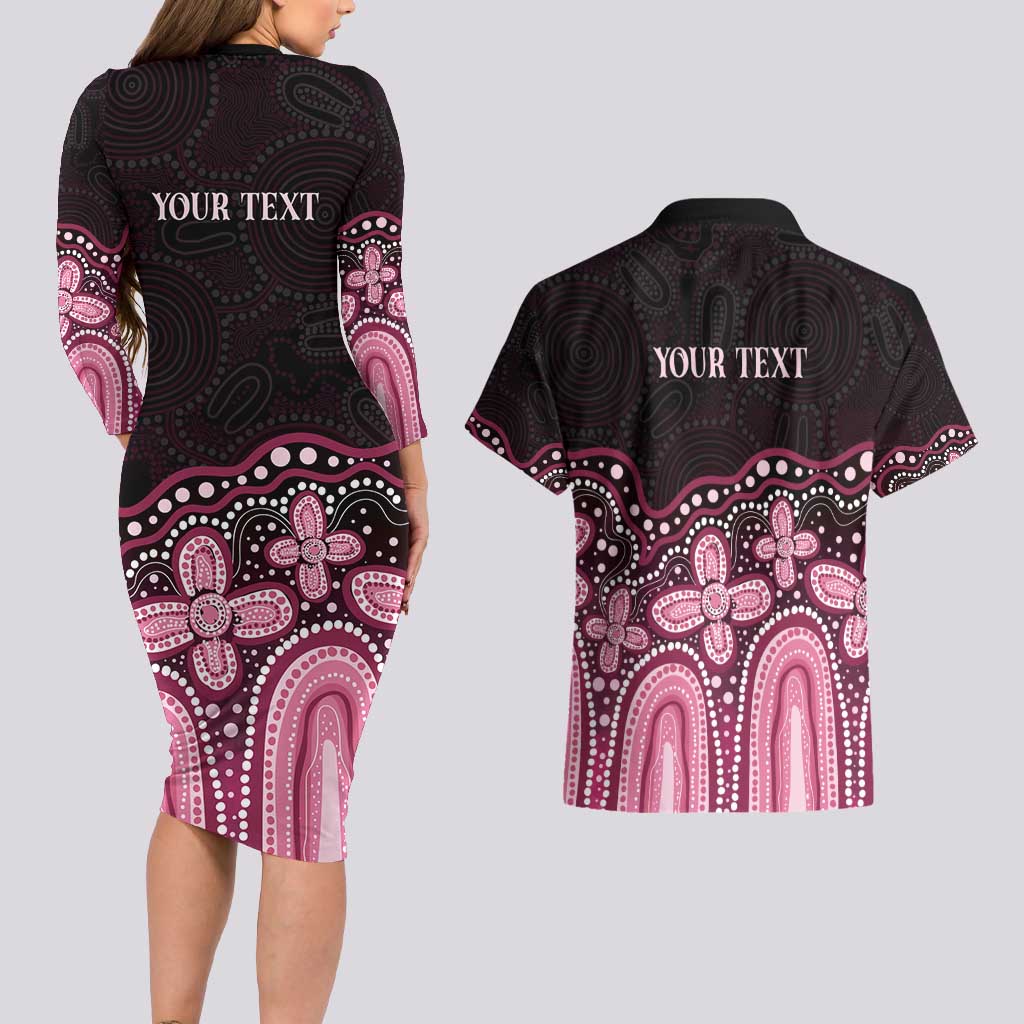 Australia Indigenous Personalized Couples Matching Long Sleeve Bodycon Dress and Hawaiian Shirt Aboriginal Pink Ribbon Art