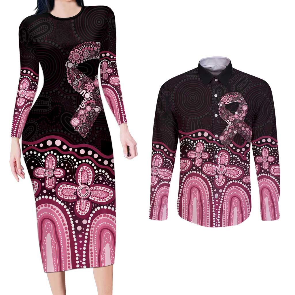 Australia Indigenous Personalized Couples Matching Long Sleeve Bodycon Dress and Long Sleeve Button Shirt Aboriginal Pink Ribbon Art