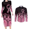 Australia Indigenous Personalized Couples Matching Long Sleeve Bodycon Dress and Long Sleeve Button Shirt Aboriginal Pink Ribbon Art