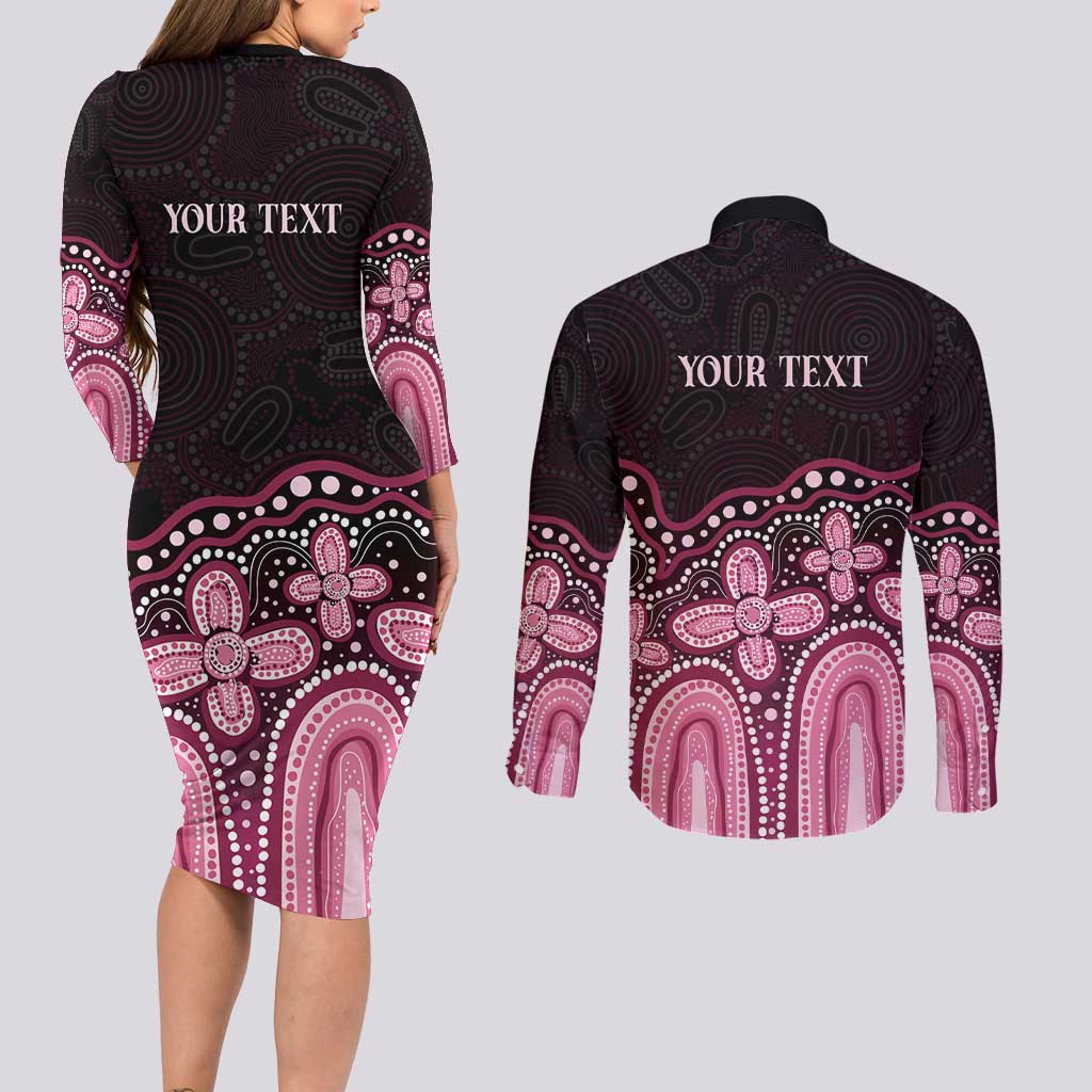 Australia Indigenous Personalized Couples Matching Long Sleeve Bodycon Dress and Long Sleeve Button Shirt Aboriginal Pink Ribbon Art