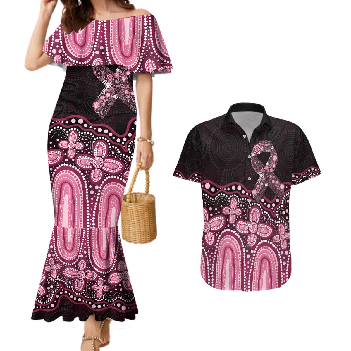 Australia Indigenous Personalized Couples Matching Mermaid Dress and Hawaiian Shirt Aboriginal Pink Ribbon Art