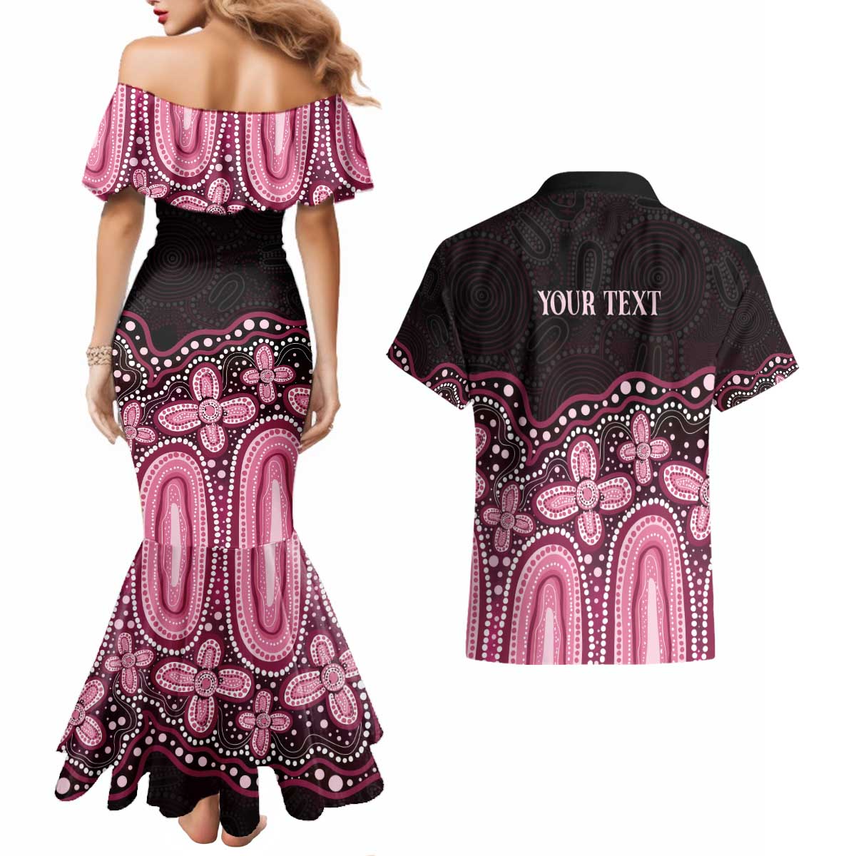 Australia Indigenous Personalized Couples Matching Mermaid Dress and Hawaiian Shirt Aboriginal Pink Ribbon Art
