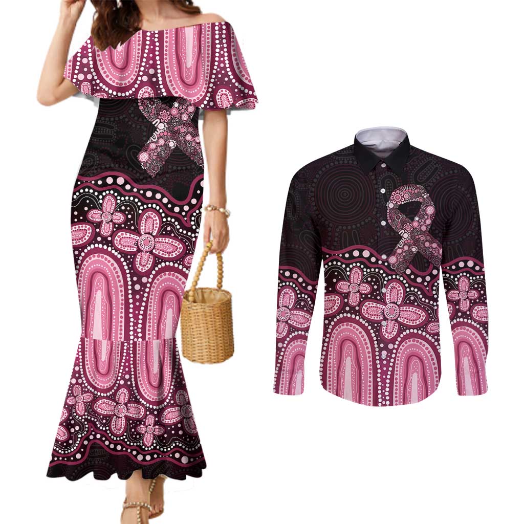 Australia Indigenous Personalized Couples Matching Mermaid Dress and Long Sleeve Button Shirt Aboriginal Pink Ribbon Art
