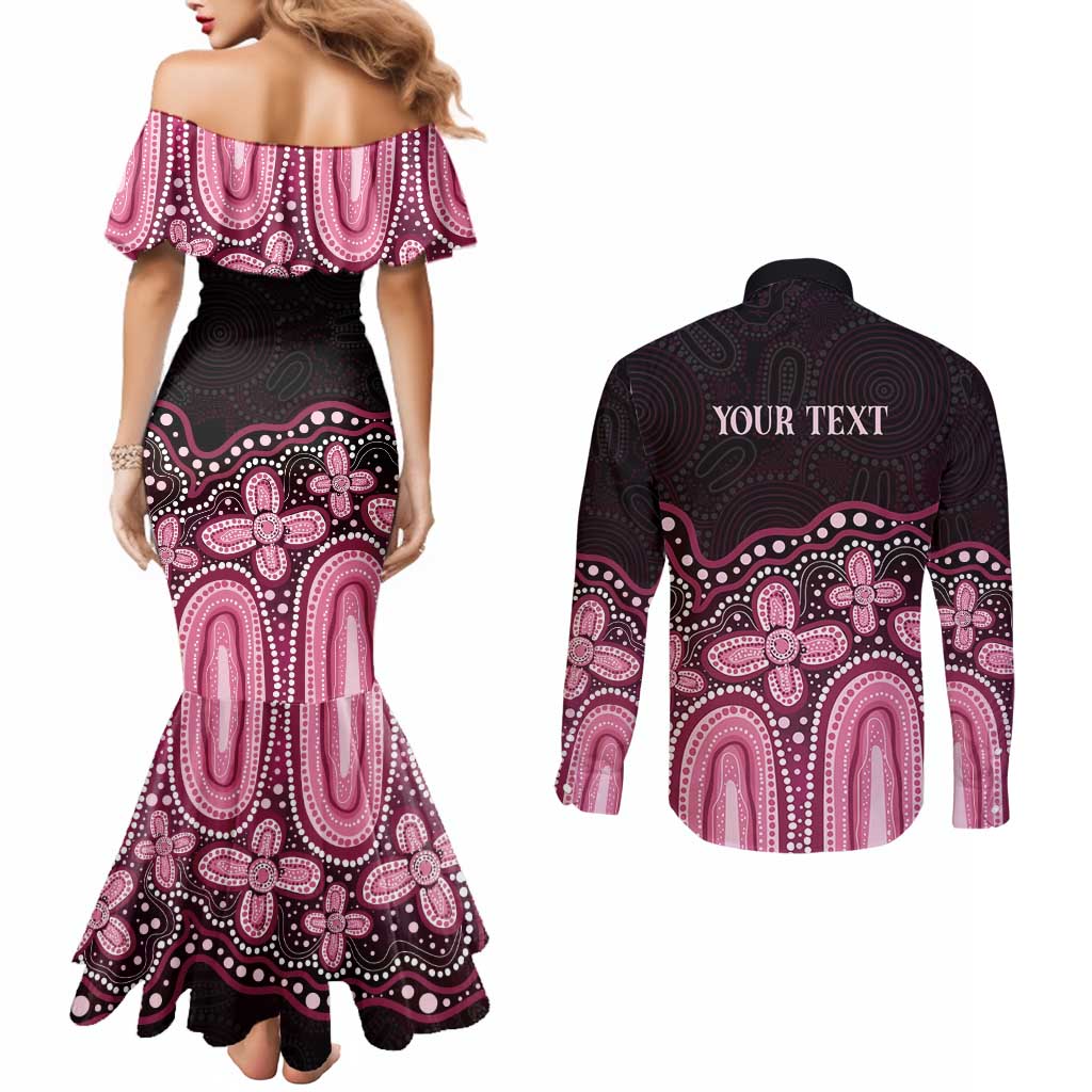 Australia Indigenous Personalized Couples Matching Mermaid Dress and Long Sleeve Button Shirt Aboriginal Pink Ribbon Art