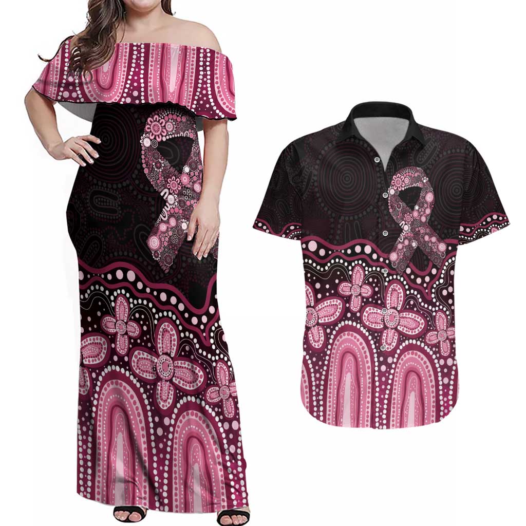 Australia Indigenous Personalized Couples Matching Off Shoulder Maxi Dress and Hawaiian Shirt Aboriginal Pink Ribbon Art