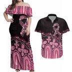 Australia Indigenous Personalized Couples Matching Off Shoulder Maxi Dress and Hawaiian Shirt Aboriginal Pink Ribbon Art