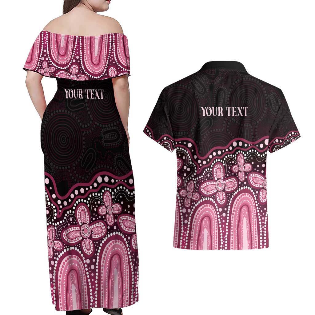 Australia Indigenous Personalized Couples Matching Off Shoulder Maxi Dress and Hawaiian Shirt Aboriginal Pink Ribbon Art